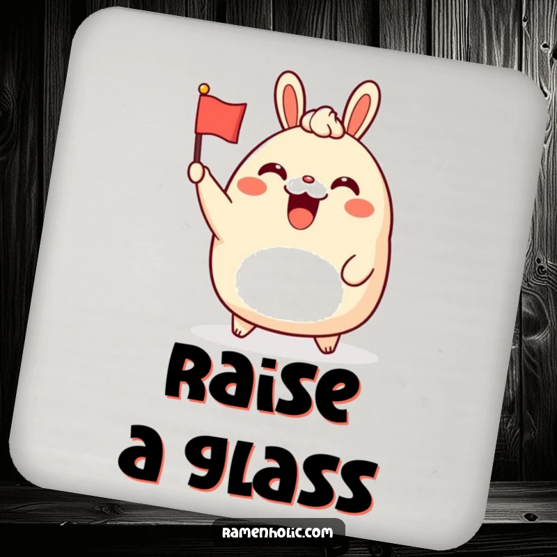 Funny bao bun character drink coaster, cheerfully waving a tiny flag, offering surface protection with a humorous design.