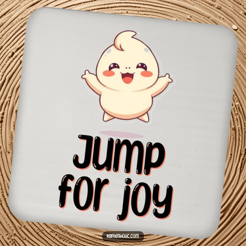 Funny drink coaster showing a cheerful dumpling character leaping with joy, adding a playful and humorous touch to protect surfaces.