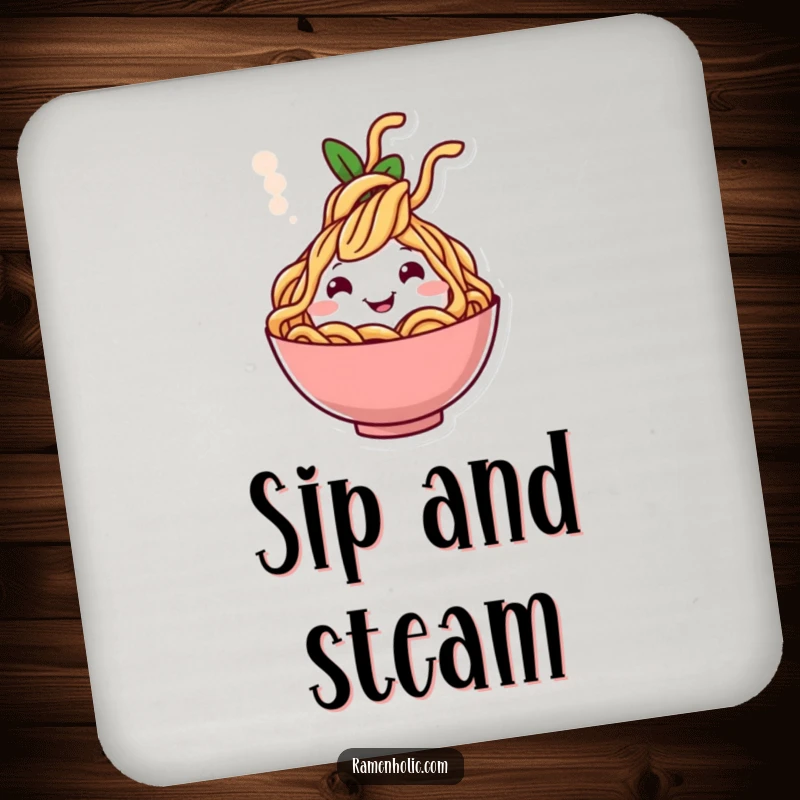 Funny drink coasters featuring a cheerful noodle character emerging from steam, adding foodie flair and protection.