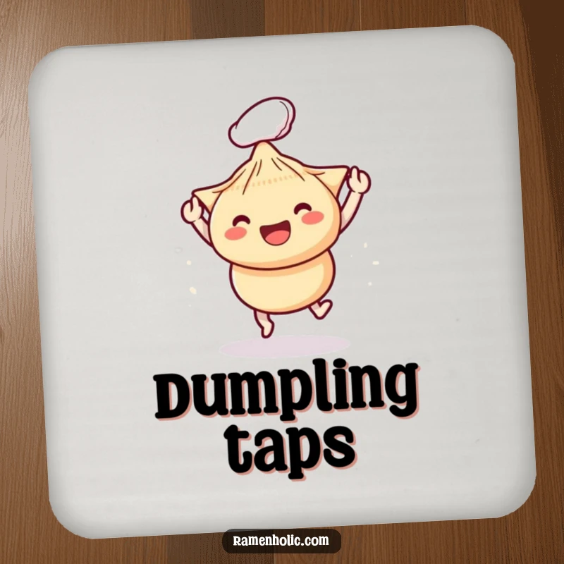 Funny drink coaster featuring playful chopsticks bopping a happy dumpling, perfect for adding a humorous touch to drink service.