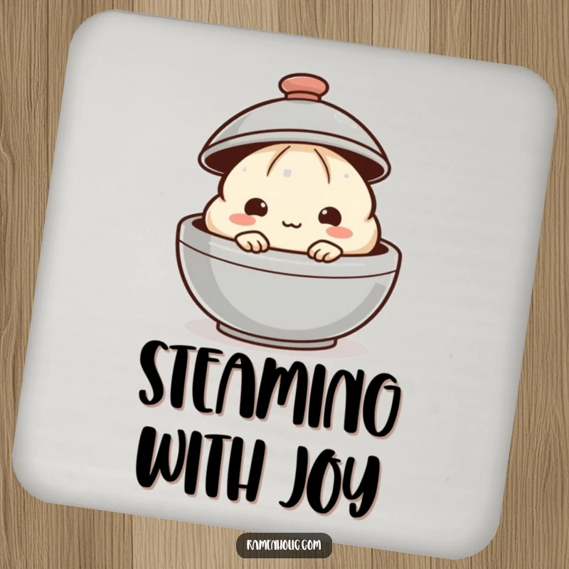 Funny dumpling coaster set with a shy dumpling peeking from behind a steaming lid, stylish and protective.