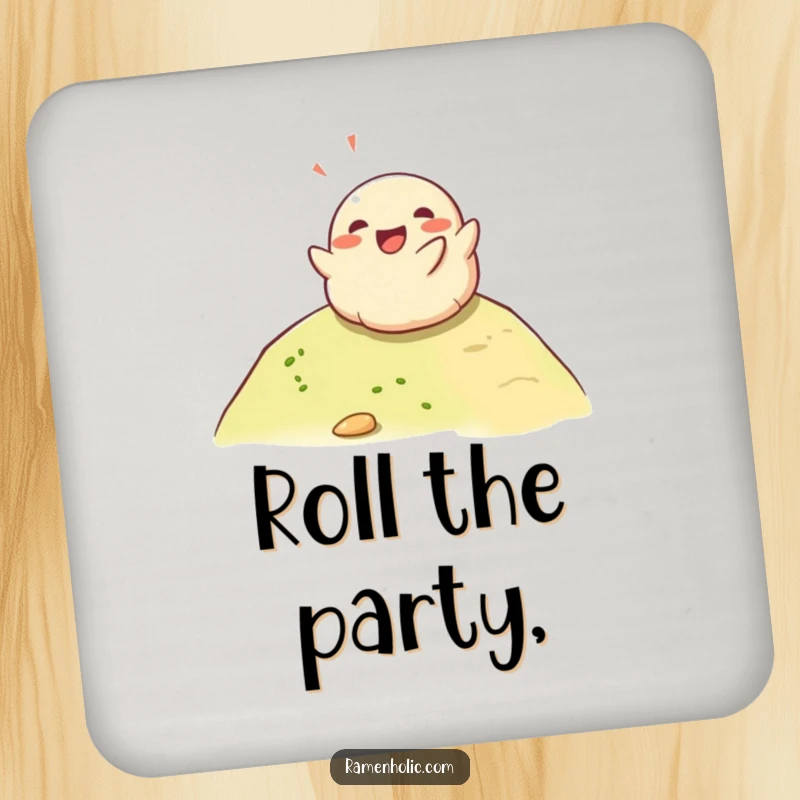 Funny happy dumpling rolling down a hill with glee, a set of humorous drink coasters to protect surfaces with style.