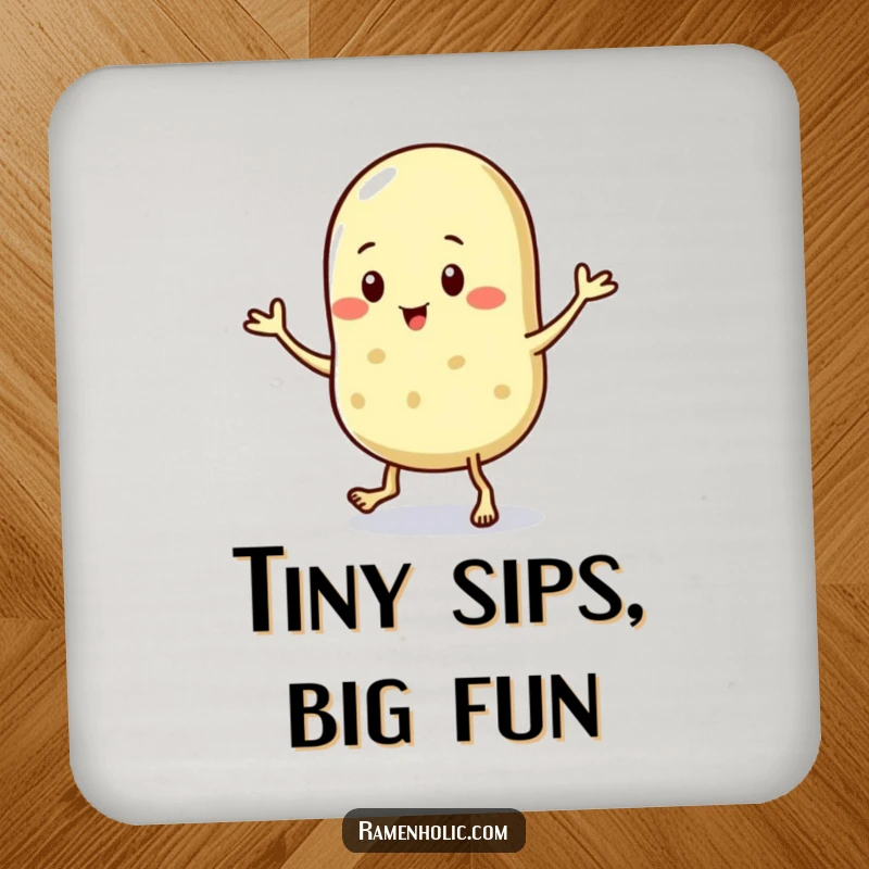 Funny drink coasters featuring a sesame seed character in a lively jig, protecting surfaces while adding a touch of miniature charm.