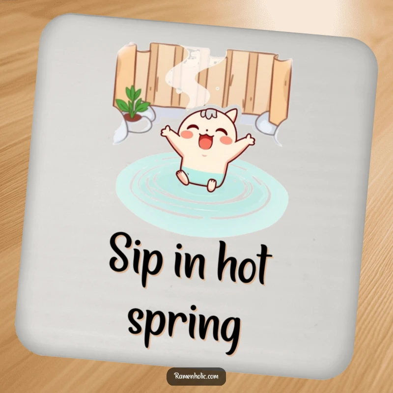 Funny drink coaster with a kawaii miso soup character joyfully leaping into a hot spring, adding a relaxing and cute element.
