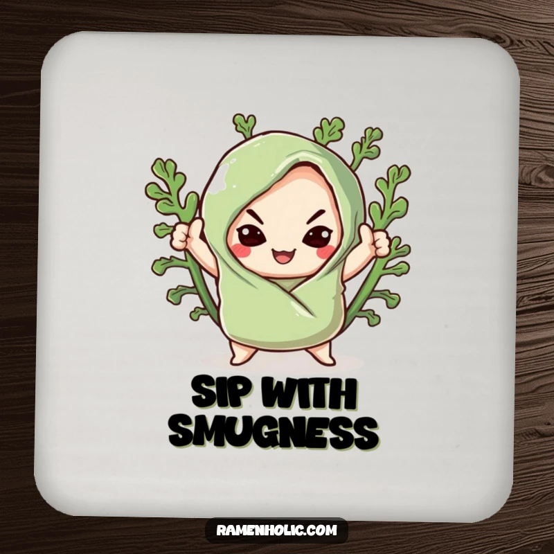 Funny drink coaster with a kawaii seaweed wrap striking a dramatic pose with a smug smile, adding sass to any table.