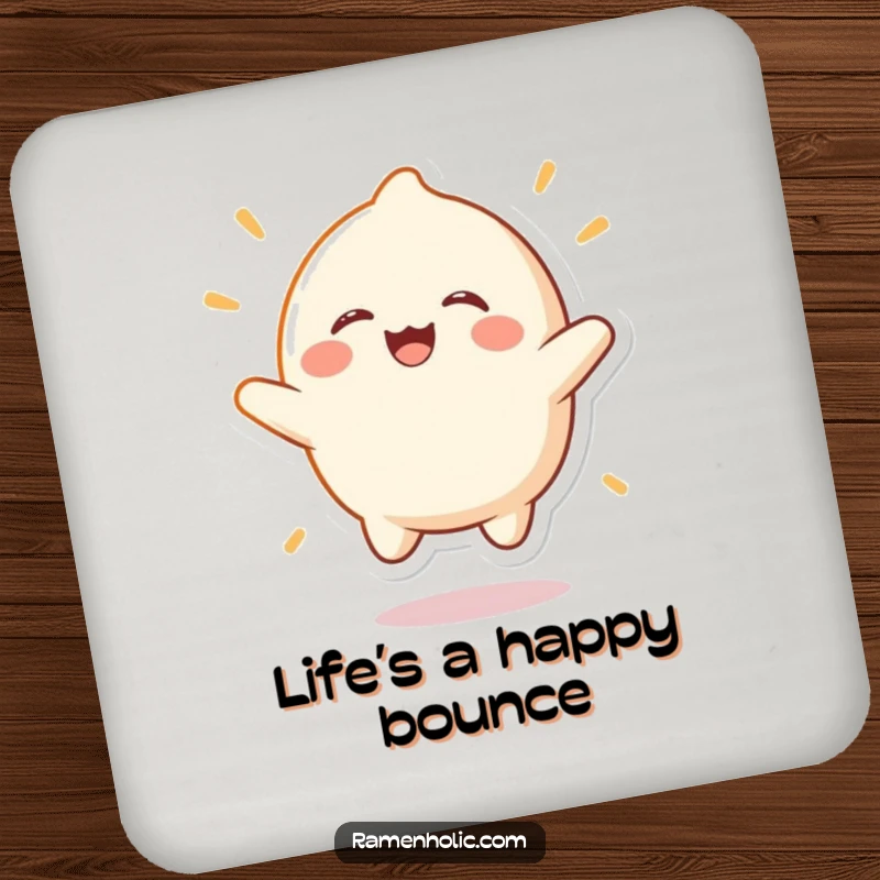 Funny mochi character coasters, depicted bouncing with laughter, adding a splash of humor to drink protection.