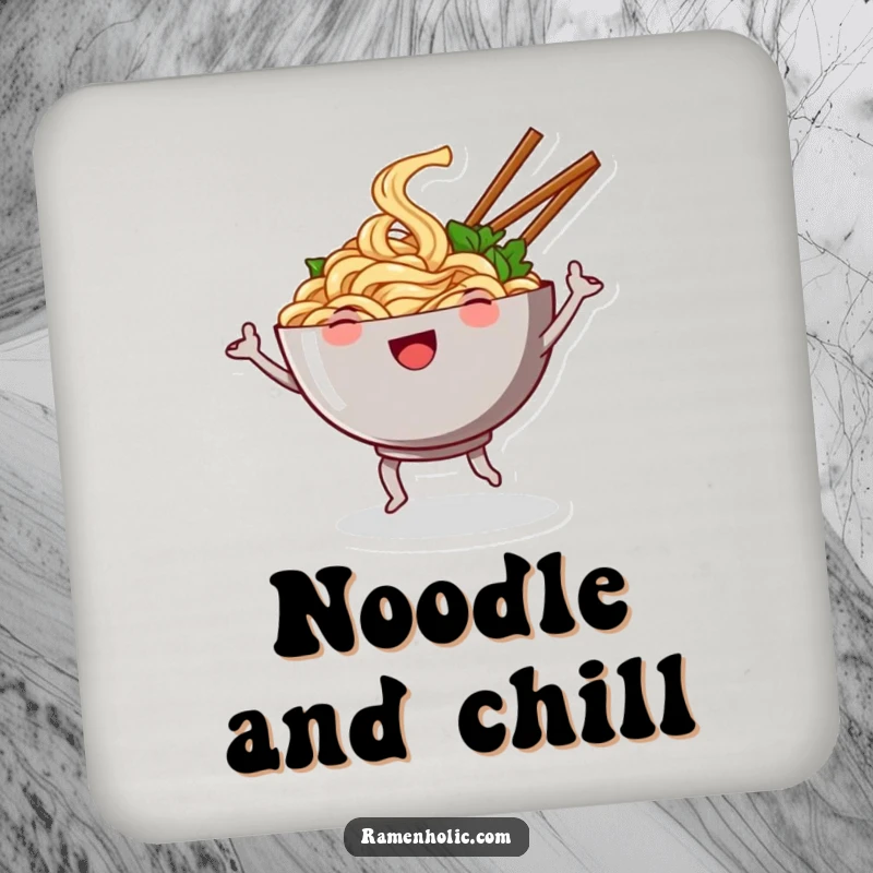 Funny coaster set featuring a smiling bowl of noodles dancing with chopsticks as arms, adding cartoon charm and surface protection.