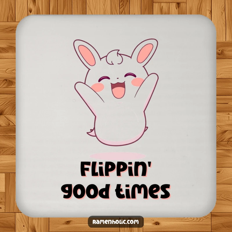 Funny nori coaster set with a piece of seaweed doing a somersault with glee, stylish surface protection.