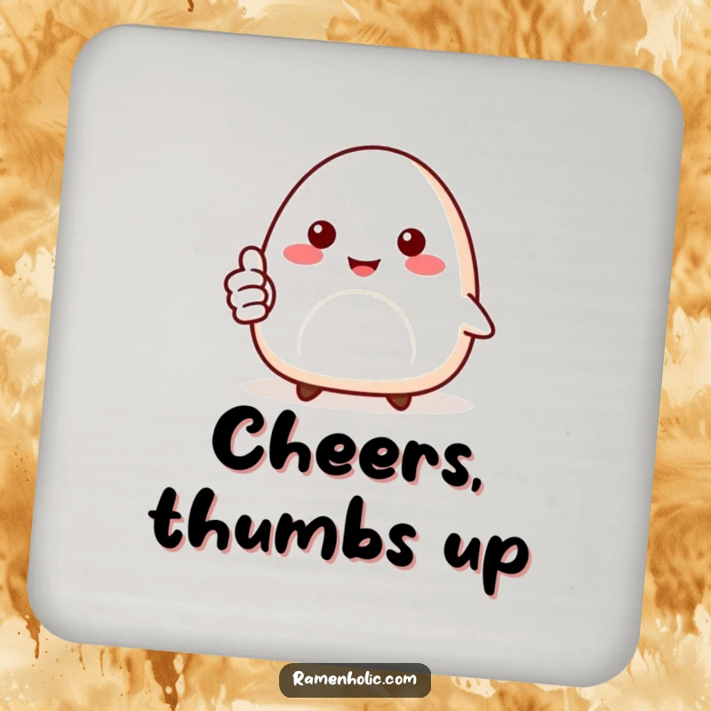 Funny drink coasters showcasing a smiling onigiri character giving a thumbs up, adding positive cartoon vibes.