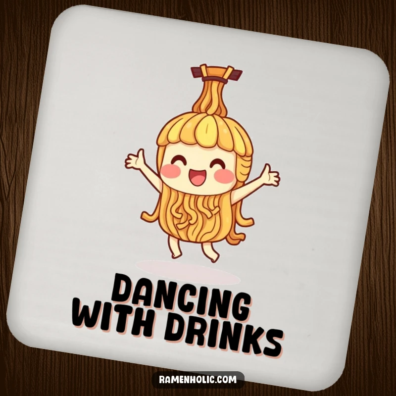Funny coasters featuring a single ramen noodle character doing a happy dance, protecting furniture with playful charm.