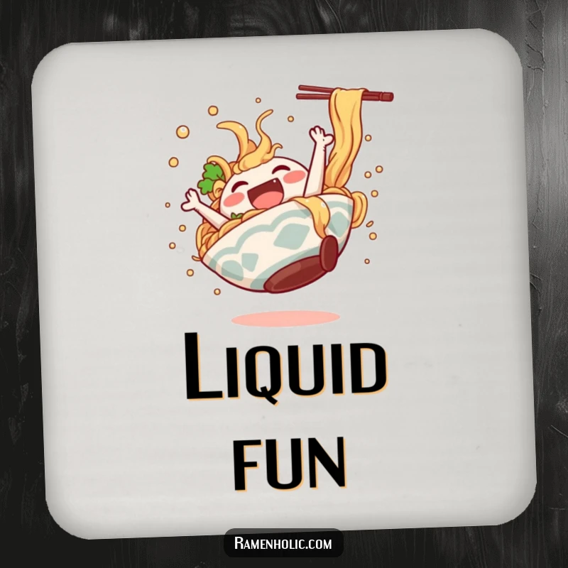 Funny ramen bowl character doing a happy somersault, broth splashing, on a decorative drink coaster.