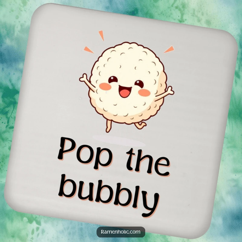 Funny rice ball drink coaster, a cheerful character doing a celebratory hop, adding a touch of foodie joy.