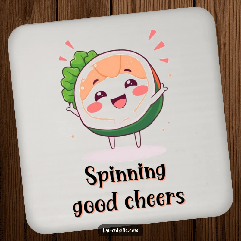 Funny Sashimi Spin Drink Coaster showcasing a joyful sashimi slice character happily spinning, protecting surfaces with humor.