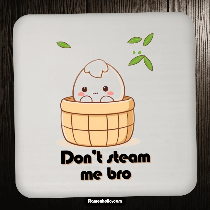 Funny shy mochi character peeking from a steaming bamboo steamer, cute kawaii coaster, small and humorous gift for bao fans.