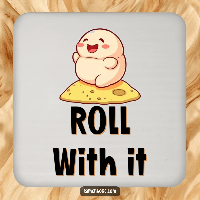 Funny drink coasters featuring a smiling dumpling rolling down a hill, adding culinary fun and surface protection.