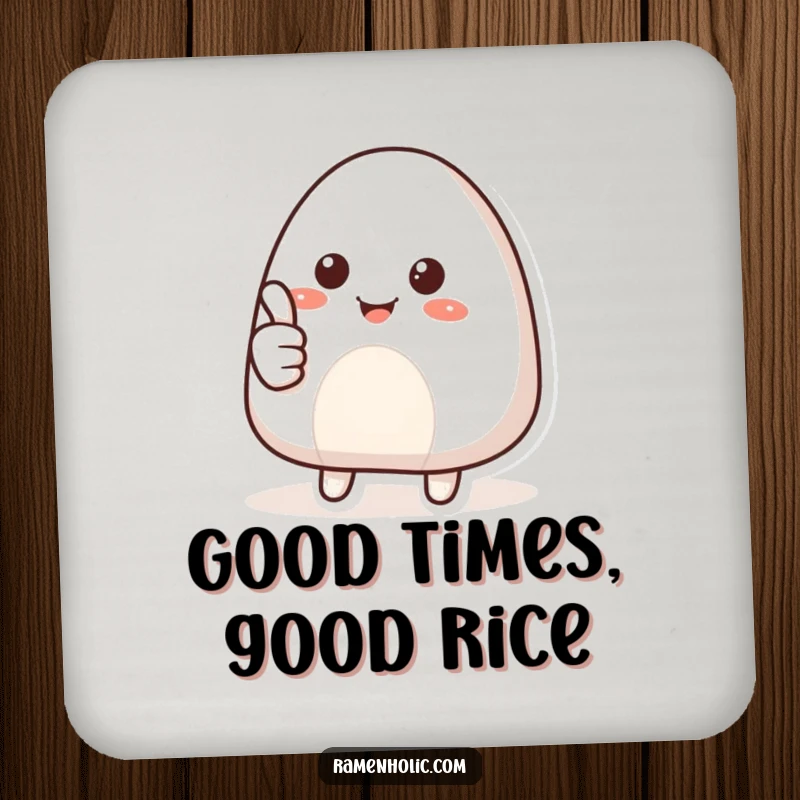 Funny drink coaster with a smiling onigiri character giving a thumbs up, adding a positive and delicious touch to protect surfaces.
