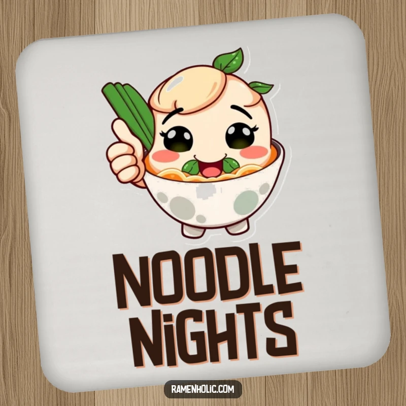 Funny coasters featuring a smiling ramen bowl character giving a thumbs up, protecting furniture with delicious charm.