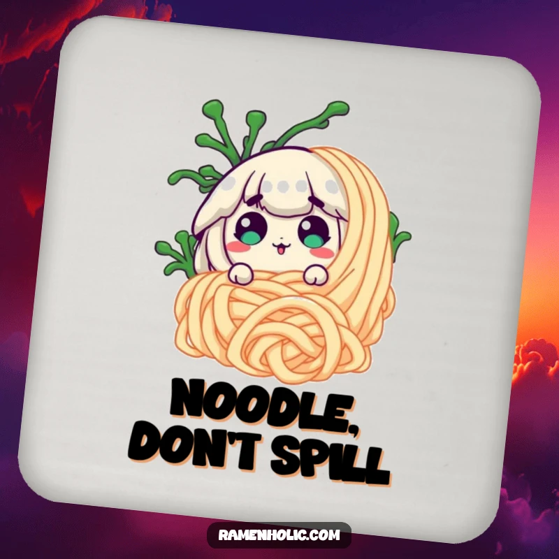 Funny surprised seaweed character hiding behind a noodle on a drink coaster, adding a humorous touch to beverage service.