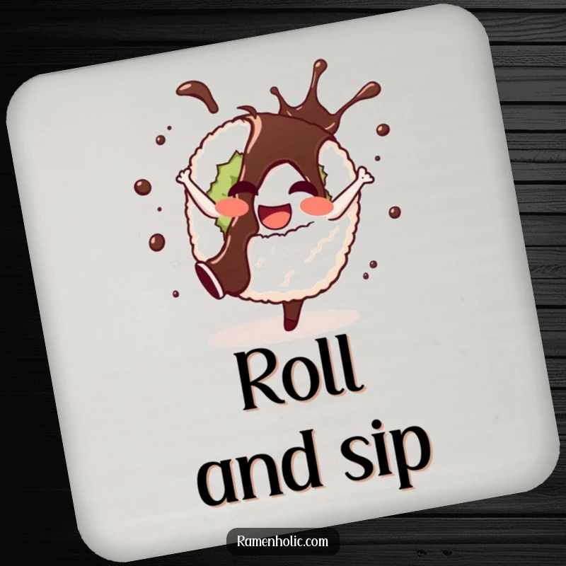 Funny coaster set featuring a cheerful sushi roll doing a cartwheel with soy sauce splashing, adding cartoon charm and function.