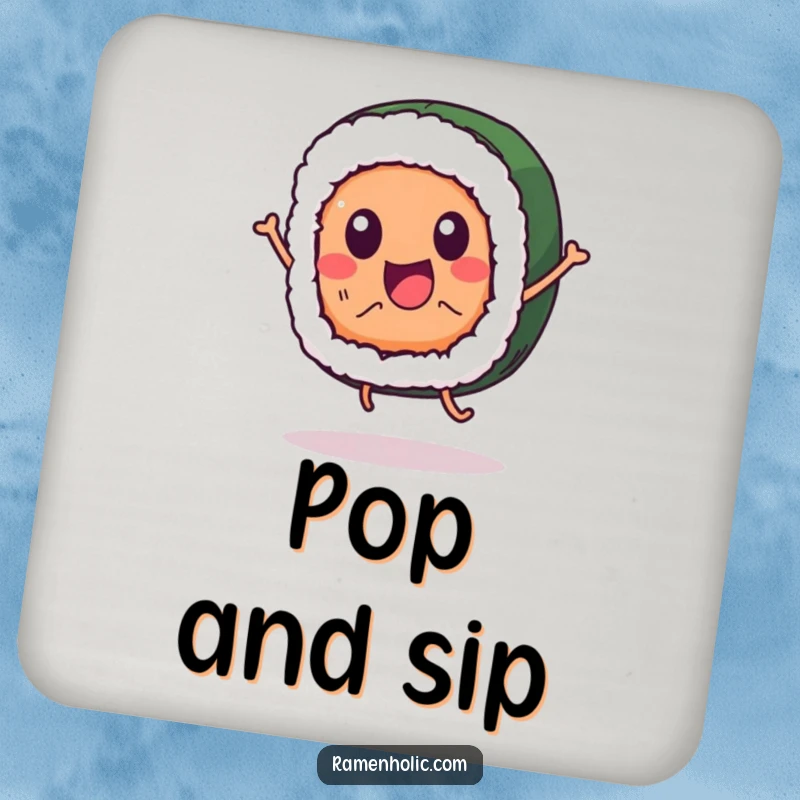 Funny sushi roll character drink coaster, jumping happily, offering surface protection with a humorous design.
