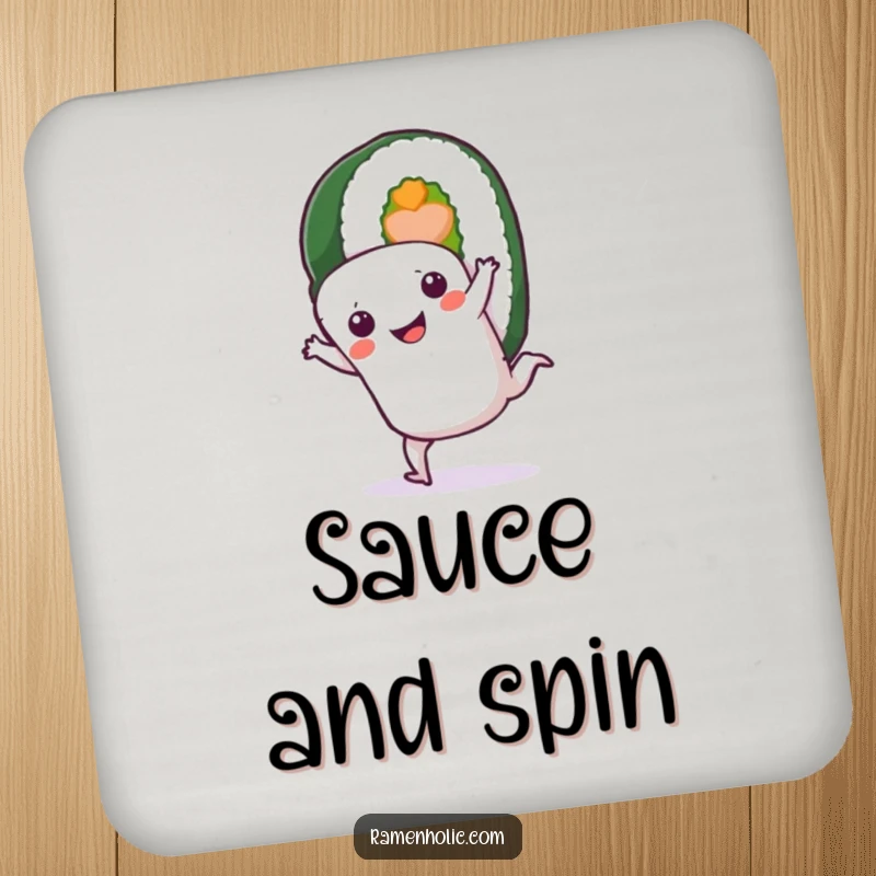 Funny Sushi Roll Coasters: A smiling sushi character doing a cartwheel, adding a humorous touch to drink protection.