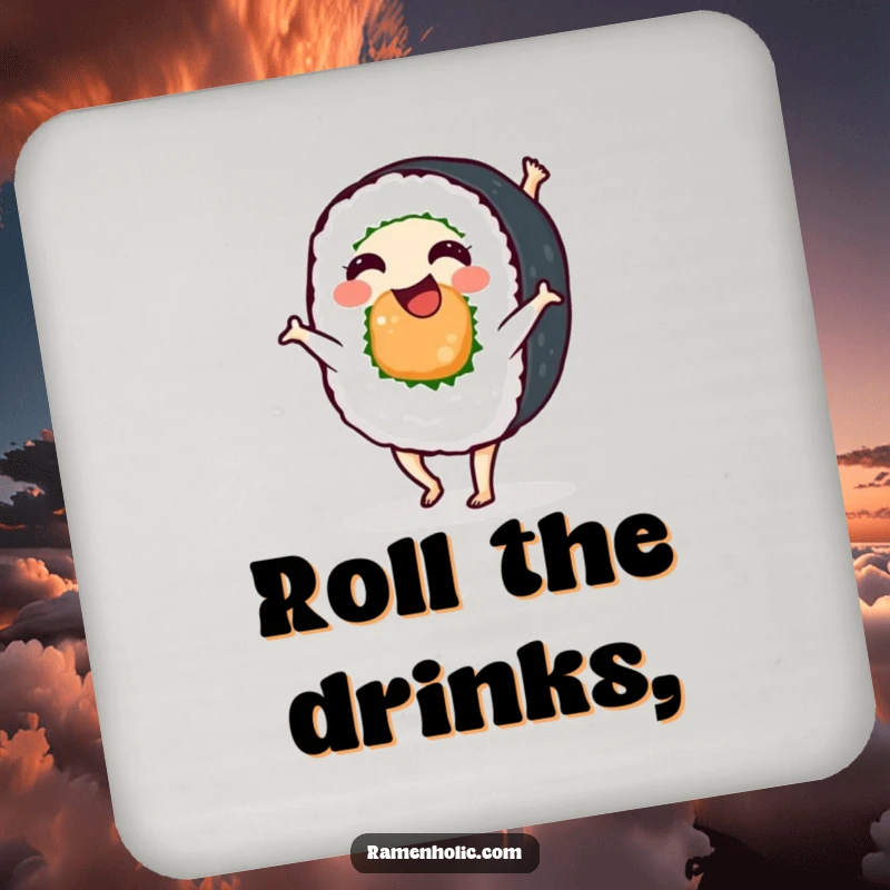 Funny sushi roll character doing a cartwheel, a set of humorous drink coasters to protect surfaces with style and laughter.