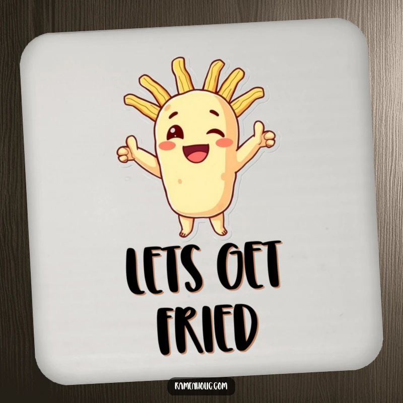 Funny tempura drink coaster, a smiling character in a triumphant pose with crispy extensions, adding foodie flair.