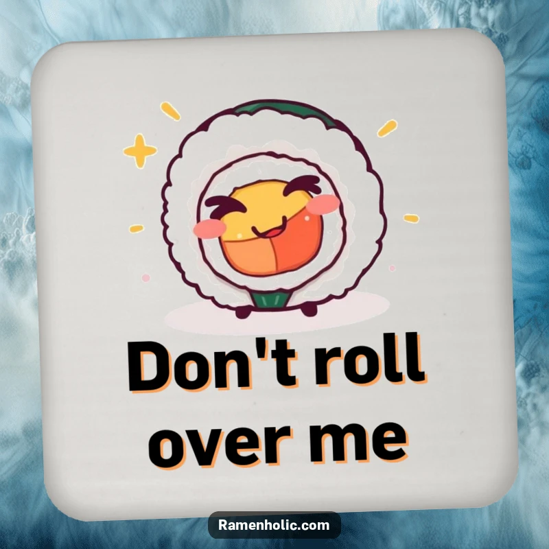 Funny winking sushi roll coaster set, protecting surfaces with playful charm and a mischievous grin.