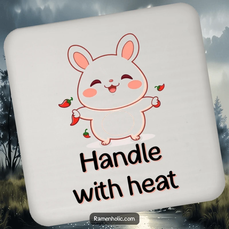 Funny drink coasters featuring a playful bao bun juggling chili peppers, adding spicy flair and surface protection.