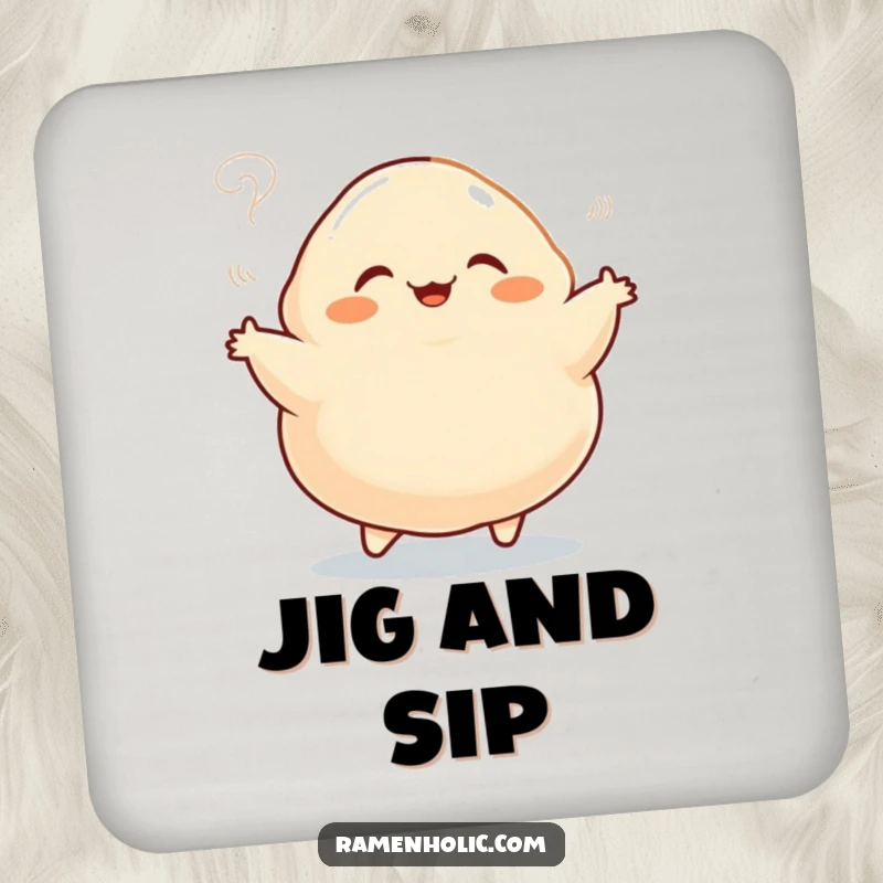 Funny coaster set featuring a plump dumpling character doing a happy jig, steam rising, adding cartoon charm and function.