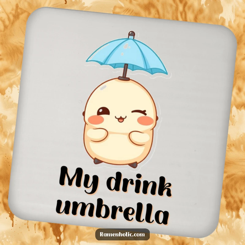Funny cheeky dumpling winking while balancing a tiny umbrella on its head, on a decorative coaster.