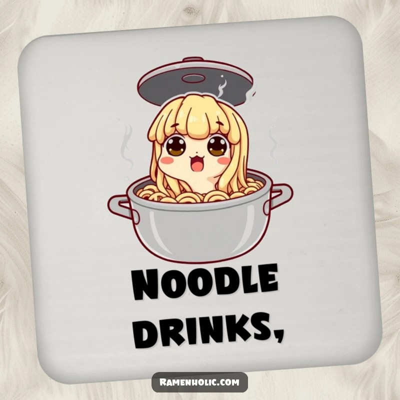 Funny noodle peeking with wide eyes from a boiling pot, a set of humorous drink coasters to protect surfaces with style.