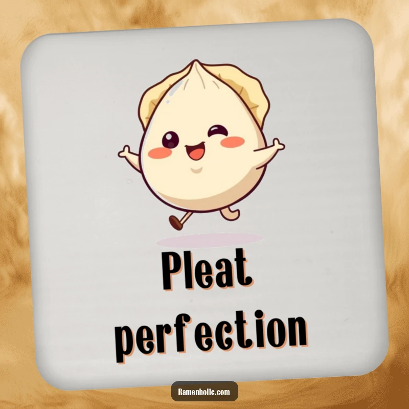 Funny smiling gyoza character hopping happily, pleats jiggling, on a decorative drink coaster.