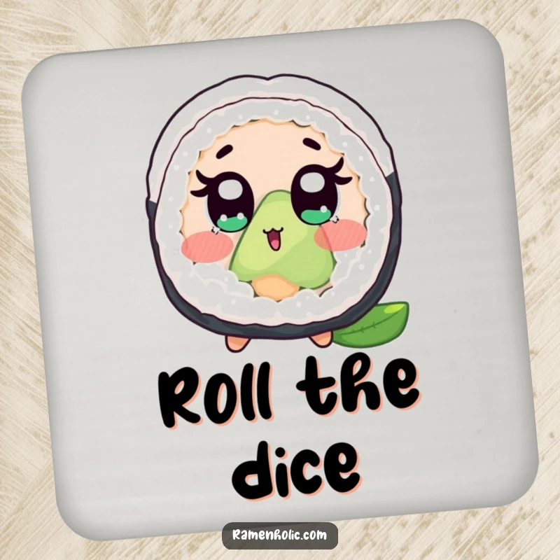 Funny drink coasters showcasing a surprised sushi roll character, wide eyes and blush, protecting surfaces with humor.