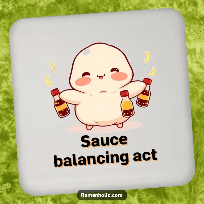 Funny Kawaii dumpling with rosy cheeks, juggling soy sauce bottles, protecting a surface, vibrant and cute, excellent funny gift.