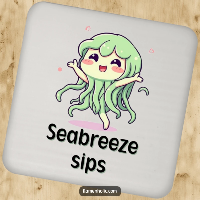 Funny drink coaster featuring a happy seaweed character dancing with a swish, adding a playful aquatic touch to table protection.
