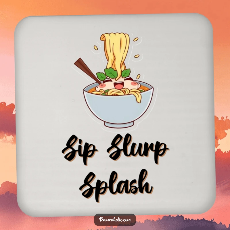 Funny drink coaster with a happy ramen bowl character and splashing noodles, adding a playful and protective element.