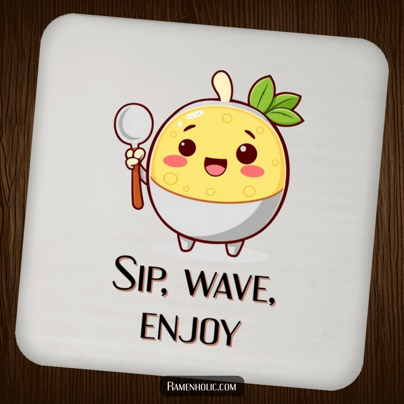 Funny cheerful broth character waving with a ladle on a drink coaster, adding warmth and humor to beverage service.