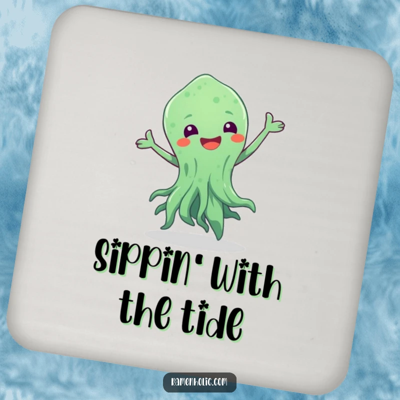 Funny drink coasters featuring a seaweed character in a joyful dance, protecting surfaces while adding a touch of marine whimsy.