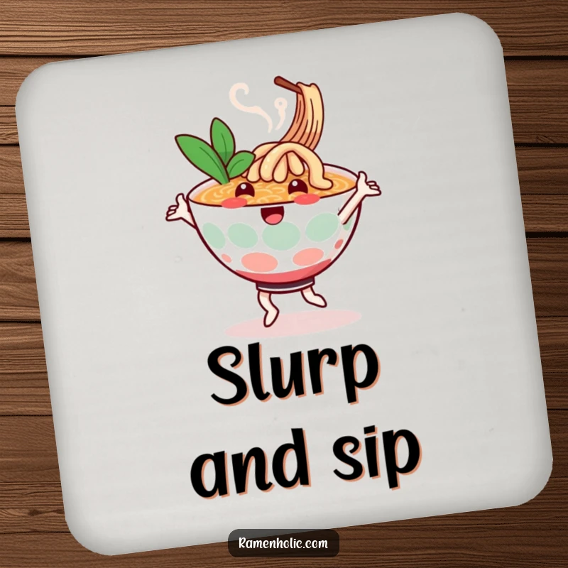 Funny drink coaster with a cheerful ramen bowl character dancing, steam swirling, adding a warm and humorous touch.