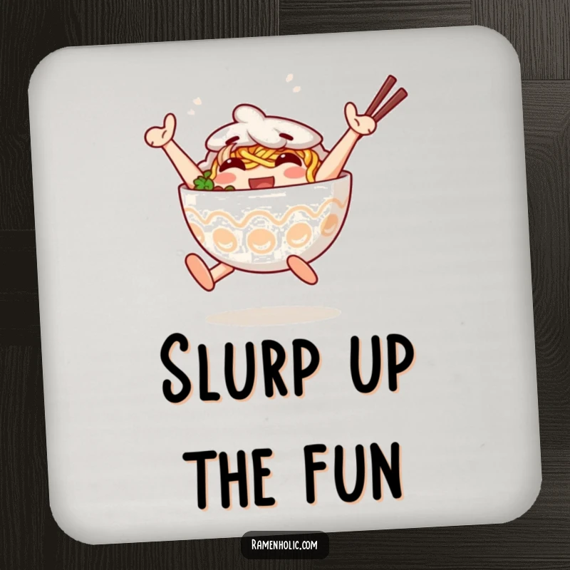 Funny Coaster featuring an anthropomorphic ramen bowl character jumping with joy. Perfect funny gift.