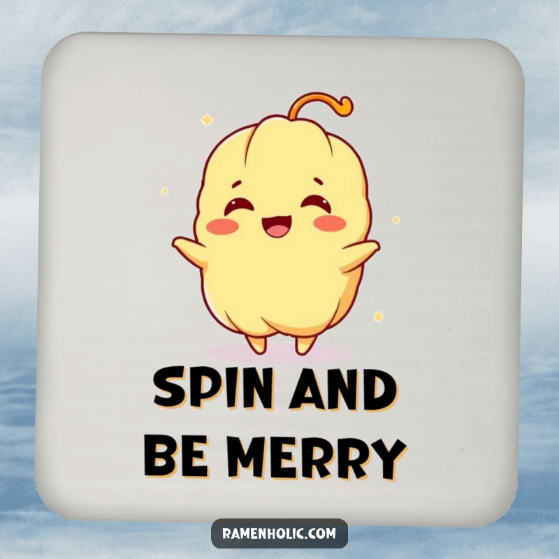 Funny drink coasters showcasing a tempura character in a joyful spin, protecting surfaces with cartoon fun.