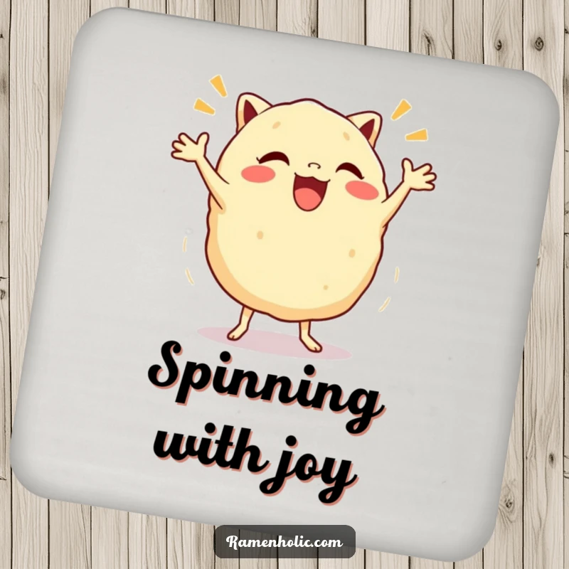 Funny Gyoza Jig Drink Coaster showcasing a joyful dumpling character doing a happy dance, protecting surfaces with humor.