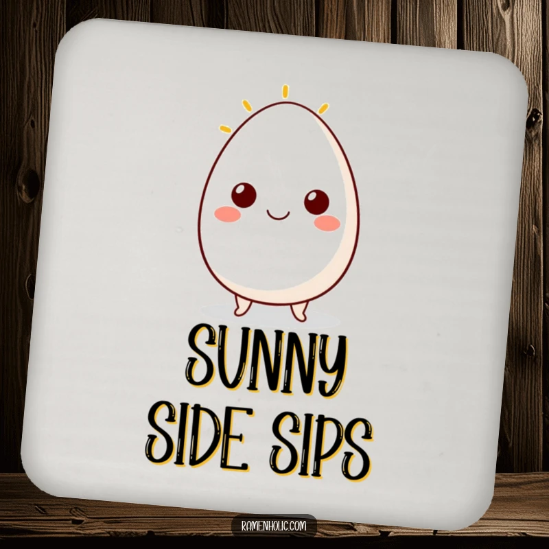 Funny drink coaster featuring a cheerful egg character with a sunny side up smile, adding a touch of breakfast fun to table protection.