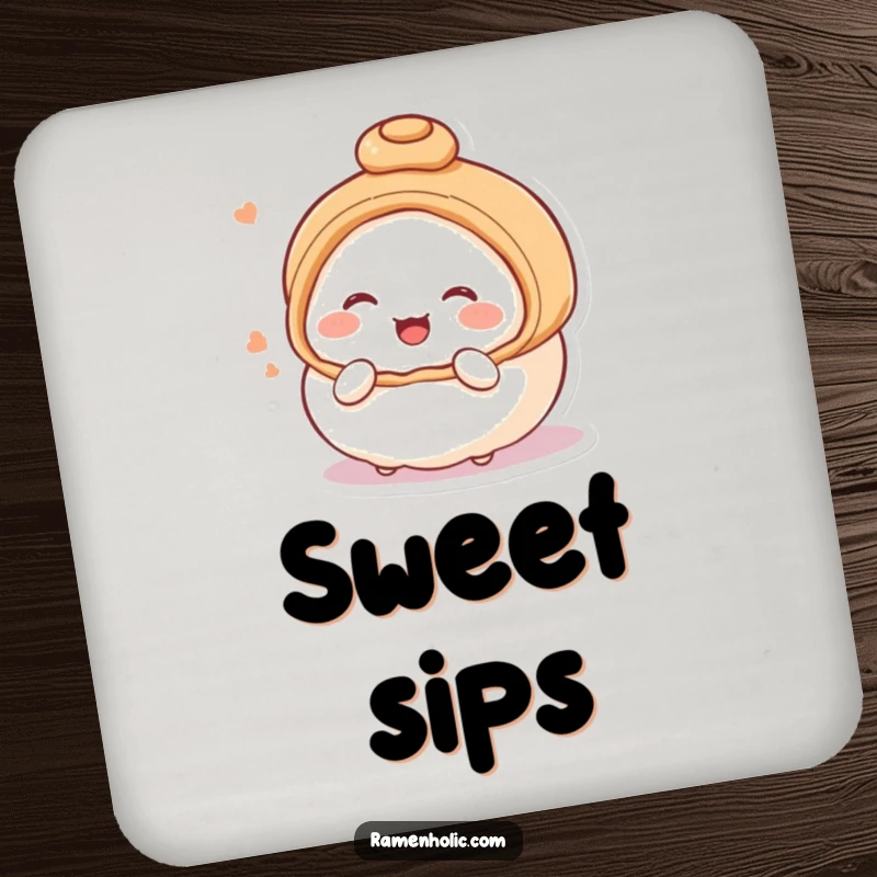 Funny drink coaster featuring a blushing, giggling steamed bun character, perfect for adding a humorous and sweet touch to drink service.