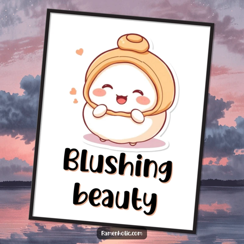 Funny poster featuring an anthropomorphic steamed bun character blushing and giggling, symbolizing innocent joy and delightful sweetness.