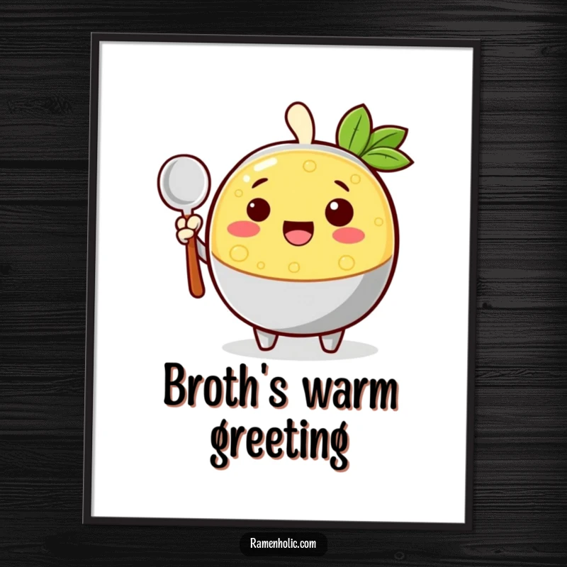 Funny cheerful broth character waving with a ladle, depicted as a warm and humorous poster for wall decoration.