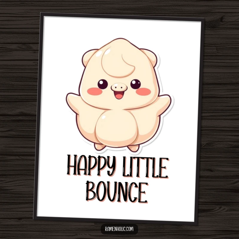 Funny poster featuring a cheerfully grinning bouncing dumpling, radiating happiness, perfect for adding playful energy to walls.