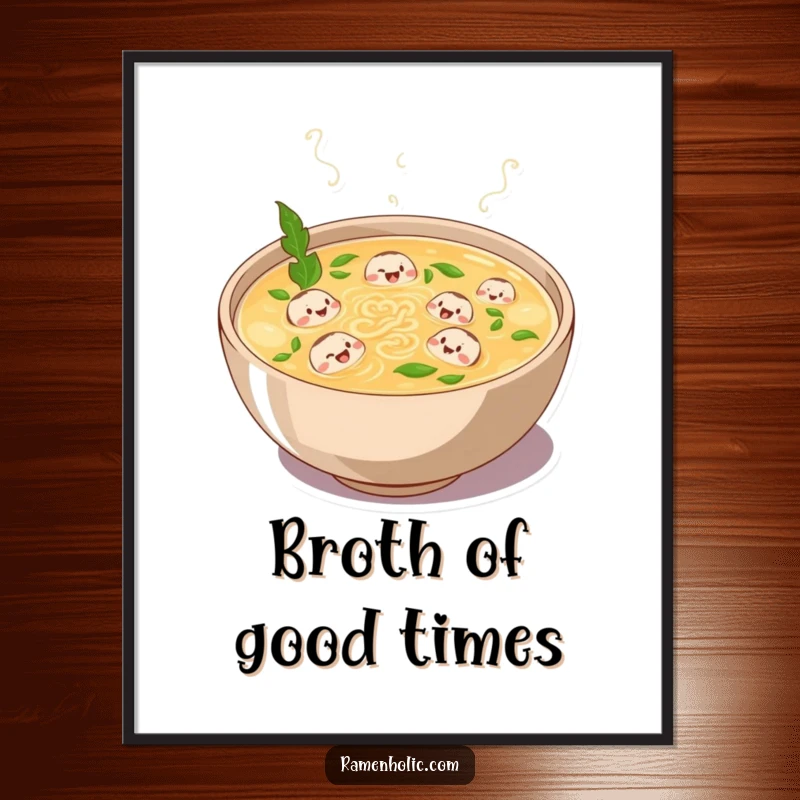 Funny poster of a plump bowl of broth bubbling with laughter and tiny noodle characters swimming, a heartwarming and humorous food illustration.