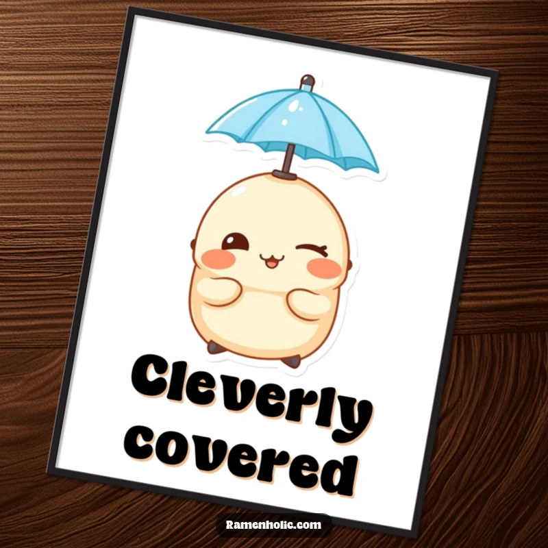 Funny cheeky dumpling winking while balancing a tiny umbrella on its head, as wall art.